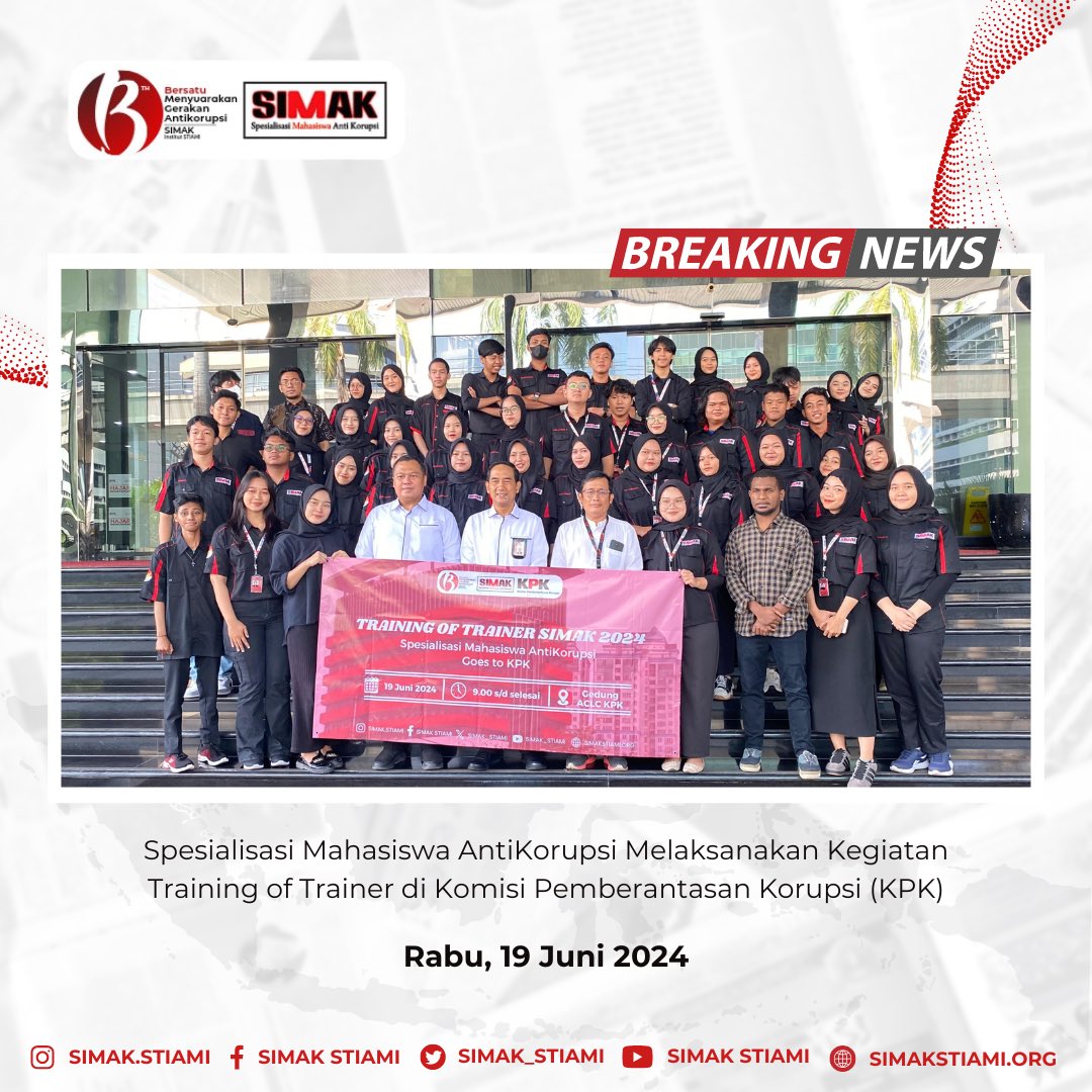 SIMAK_STIAMI's tweet photo. [19Juni 2024] 
Simak institut STIAMI telah sukses megadakan acara Training Of Trainer kedua di Gedung ACLC KPK

Terimakasih Kepada Pihak KPK @KPK_RI atas pelatihannya yang inspiratif dan bermanfaat. Terimakasih Juga kepada Kemahasiswaan STIAMI atas supportnya! https://t.co/O8E9OPQuVK