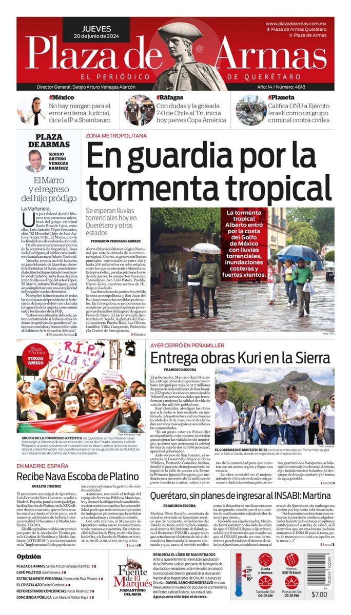 ¡Buen día! Hoy en Plaza de Armas:
👉En guardia por la tormenta tropical 
👉Entrega obras Kuri en la Sierra 
👉Recibe Nava Escoba de Platino 

plazadearmas.com.mx