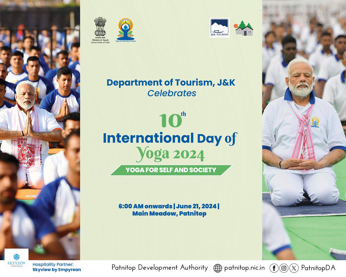 Devender Singh Bhau (@_dsbhau) on Twitter photo #EventAlert
<a href="/PatnitopDA/">Patnitop Development Authority</a> is celebrating #InternationalDayOfYoga2024 at the  scenic Main Meadow, Patnitop. Let's connect with nature to connect with inner self through Yoga.
Time: 6:00 AM onwards
#YogaForSelfAndSociety
#VisitPatnitop
#AmazingJammu #EventAlert
<a href="/PatnitopDA/">Patnitop Development Authority</a> is celebrating #InternationalDayOfYoga2024 at the  scenic Main Meadow, Patnitop. Let's connect with nature to connect with inner self through Yoga.
Time: 6:00 AM onwards
#YogaForSelfAndSociety
#VisitPatnitop
#AmazingJammu