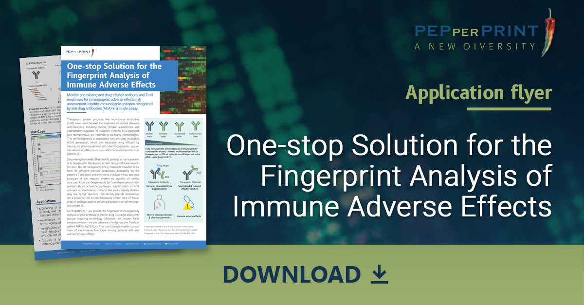 Discover our application flyer for #immunogenicity analysis &amp; #ADA epitope identification in therapeutic protein drugs. Unravel the immune landscape with epitope mapping &amp; T-cell services. Enhance your research today! Download here: pepperprint.com/fileadmin/down…