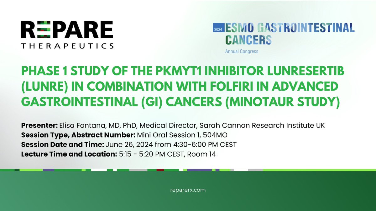 Repare Therapeutics (@reparerx) on Twitter photo CONFERENCE UPDATE: The abstract is available for <a href="/RepareRx/">Repare Therapeutics</a>'s presentation at #ESMOGI from the Phase 1 MINOTAUR trial evaluating lunresertib in combination with FOLFIRI. Learn more here: cslide.ctimeetingtech.com/esmogi24hybrid… #precisiononcology #syntheticlethality #clinicaltrials CONFERENCE UPDATE: The abstract is available for <a href="/RepareRx/">Repare Therapeutics</a>'s presentation at #ESMOGI from the Phase 1 MINOTAUR trial evaluating lunresertib in combination with FOLFIRI. Learn more here: cslide.ctimeetingtech.com/esmogi24hybrid… #precisiononcology #syntheticlethality #clinicaltrials