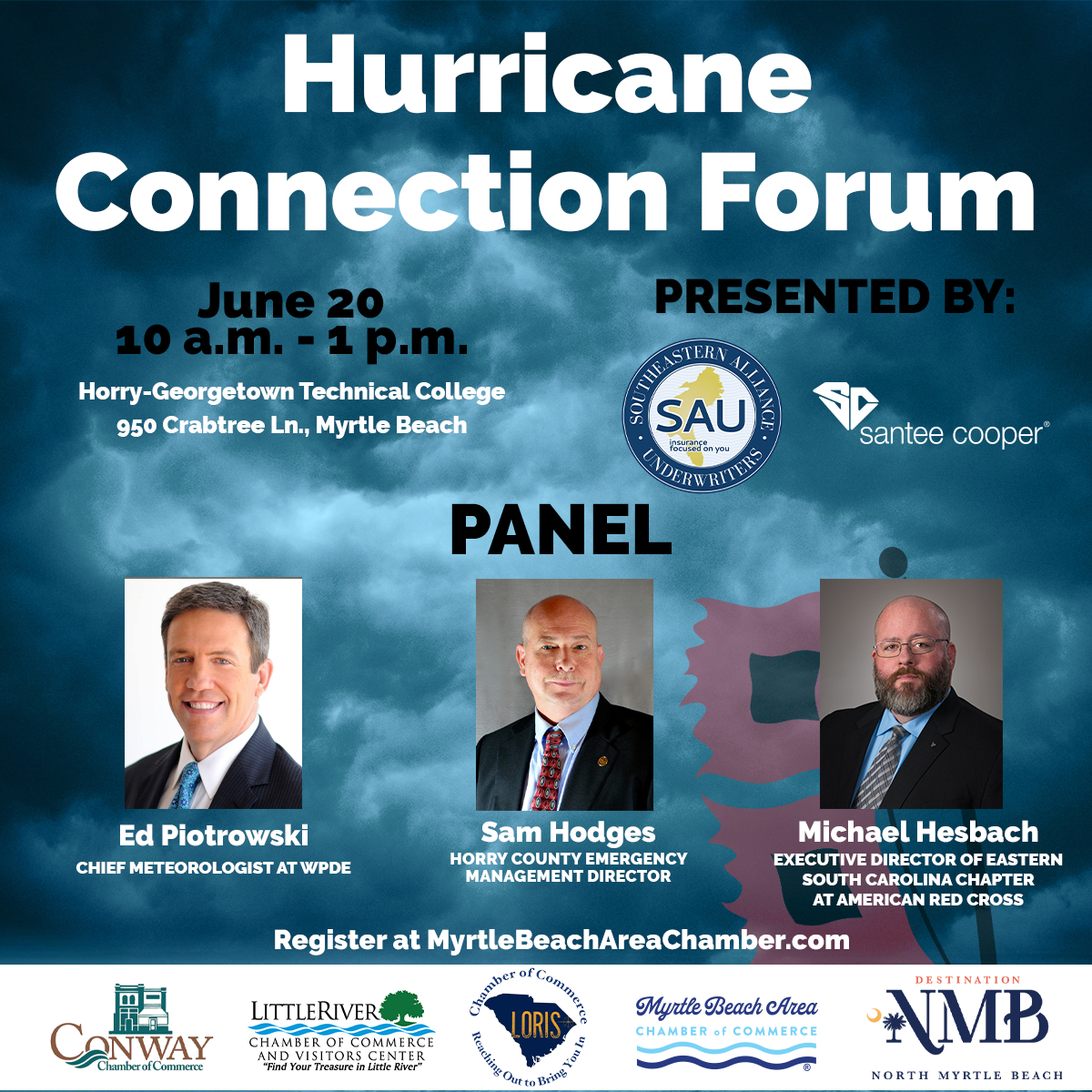 We hope to see you this morning for our Hurricane Connection Forum at the HGTC Conference Center at 950 Crabtree Lane in Myrtle Beach! Doors open at 10 a.m.