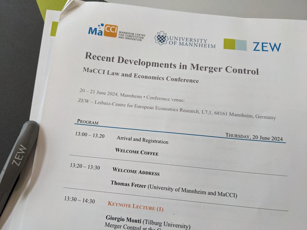 Bernhard Ganglmair (@ganglmair) on Twitter photo This year's <a href="/MaCCIcomp/">MaCCIcompetition</a> Law&Econ Conference is about to start at <a href="/zew_en/">ZEW_en</a> . The program comes with the Who's Who in meters and merger control.
Giorgio Monti <a href="/TilburgU/">Tilburg University</a> <a href="/TILEC1/">TILEC</a>
<a href="/tomaso_duso/">Tomaso Duso</a>
<a href="/ProfFionasm/">Fiona Scott Morton</a>
Hans Zenger DG Comp @EUCommission1
Carsten Grave <a href="/LinklatersLLP/">Linklaters LLP</a> This year's <a href="/MaCCIcomp/">MaCCIcompetition</a> Law&Econ Conference is about to start at <a href="/zew_en/">ZEW_en</a> . The program comes with the Who's Who in meters and merger control.
Giorgio Monti <a href="/TilburgU/">Tilburg University</a> <a href="/TILEC1/">TILEC</a>
<a href="/tomaso_duso/">Tomaso Duso</a>
<a href="/ProfFionasm/">Fiona Scott Morton</a>
Hans Zenger DG Comp @EUCommission1
Carsten Grave <a href="/LinklatersLLP/">Linklaters LLP</a>