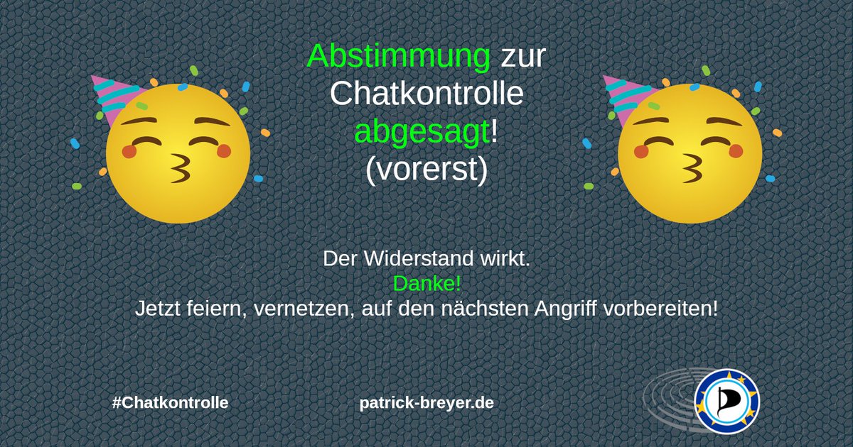 🇩🇪 Abstimmung zur #Chatkontrolle vertagt – was für ein Riesenerfolg. Der
Widerstand wirkt. 💪 Danke an alle!
Aber der nächste Anlauf wird kommen. Jetzt muss die Bundesregierung handeln:

patrick-breyer.de/chatkontrolle-…