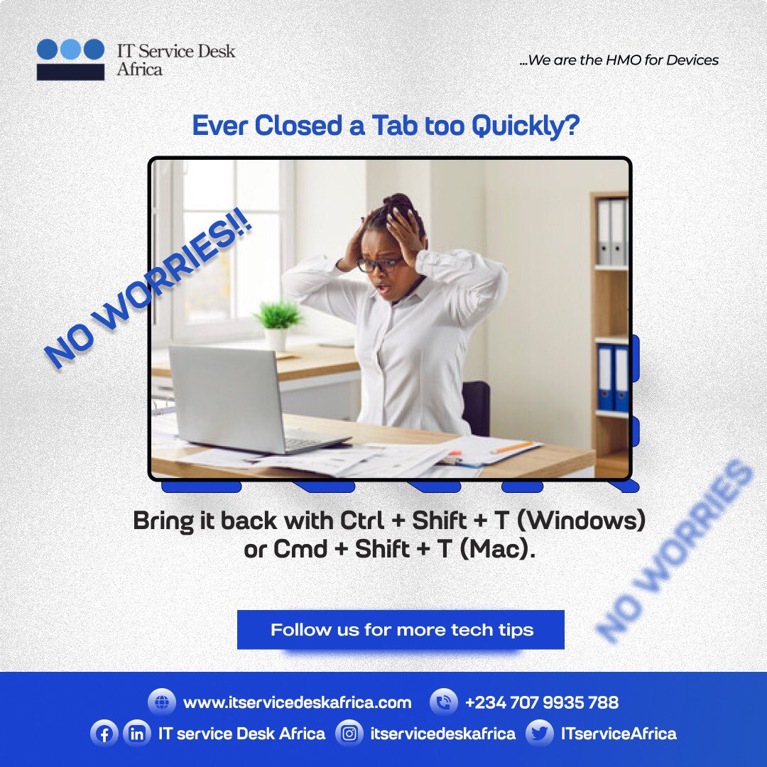 ITServiceAfrica's tweet image. Reopening an accidentally closed tab can be a lifesaver, especially when you’re in the middle of important work.
Your browser can whine you with an accidentally closed tab, but don’t panic! We’ve got your back😉😎
#TechTipsThursday #Browserhack #ITSACares #DHMShelps