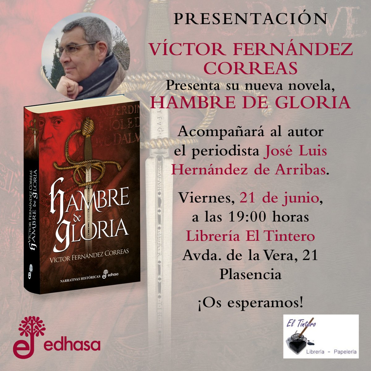 planVE guía de ocio (@planvex) on Twitter photo ¿Tienes planes para este viernes? pues primero, un plan cultural, en <a href="/LibreriaTintero/">Librería El Tintero</a> se presenta "Hambre de Gloria", de Víctor Fernández Correas.
planvex.es/web/evento-pla…
#cultura #libros #literatura #Extremadura #Plasencia ¿Tienes planes para este viernes? pues primero, un plan cultural, en <a href="/LibreriaTintero/">Librería El Tintero</a> se presenta "Hambre de Gloria", de Víctor Fernández Correas.
planvex.es/web/evento-pla…
#cultura #libros #literatura #Extremadura #Plasencia