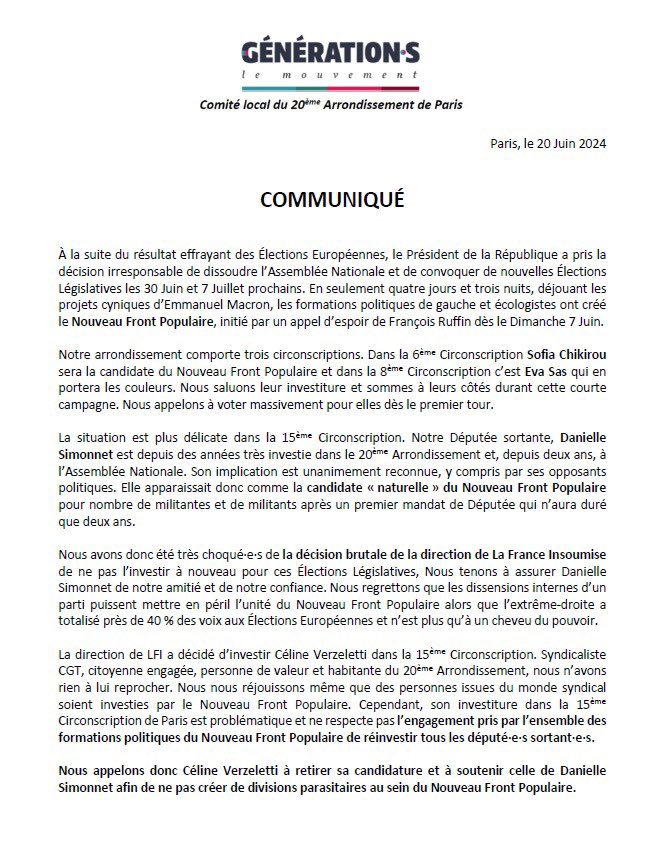 Notre communiqué pour les Élections Législatives des 30 Juin et 7 Juillet dans le 20ème Arrondissement de Paris