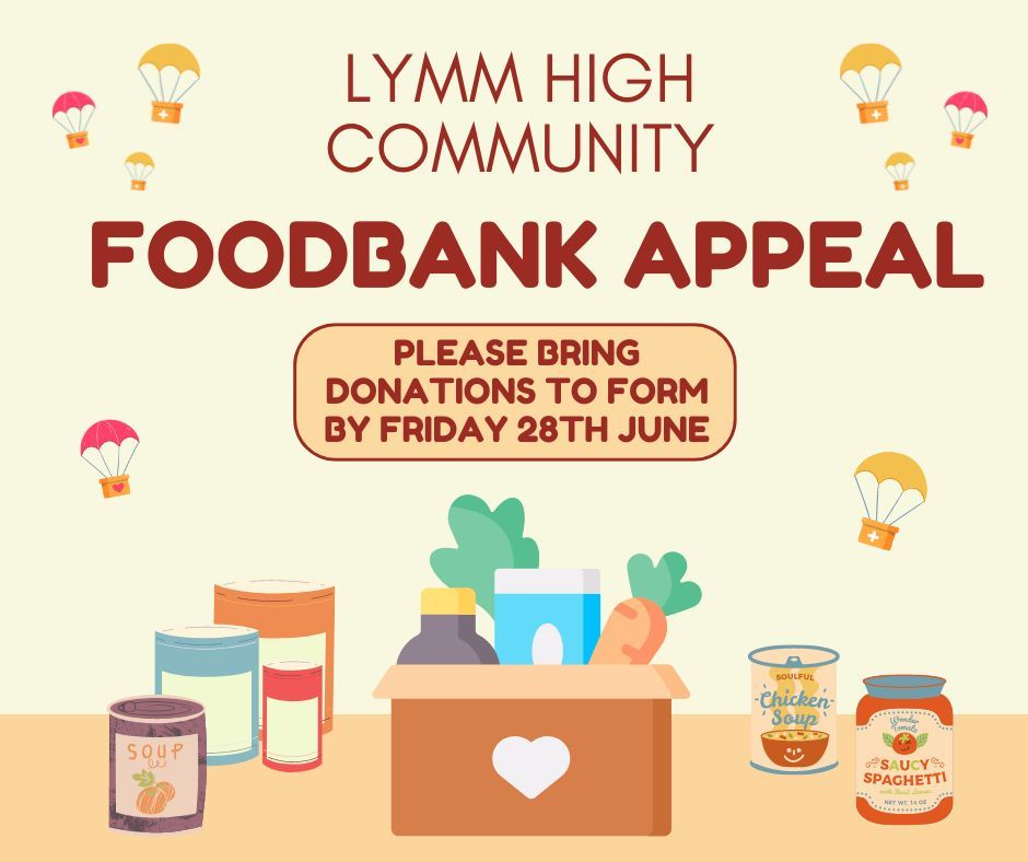 As part of our theme of ‘Community’ this term, we will be organising a foodbank collection. Students can bring in any donations to Form by Friday 28th June. Items particularly needed include cereal, soup, pasta, rice, tinned food, fruit, biscuits, UHT milk and fruit juice.