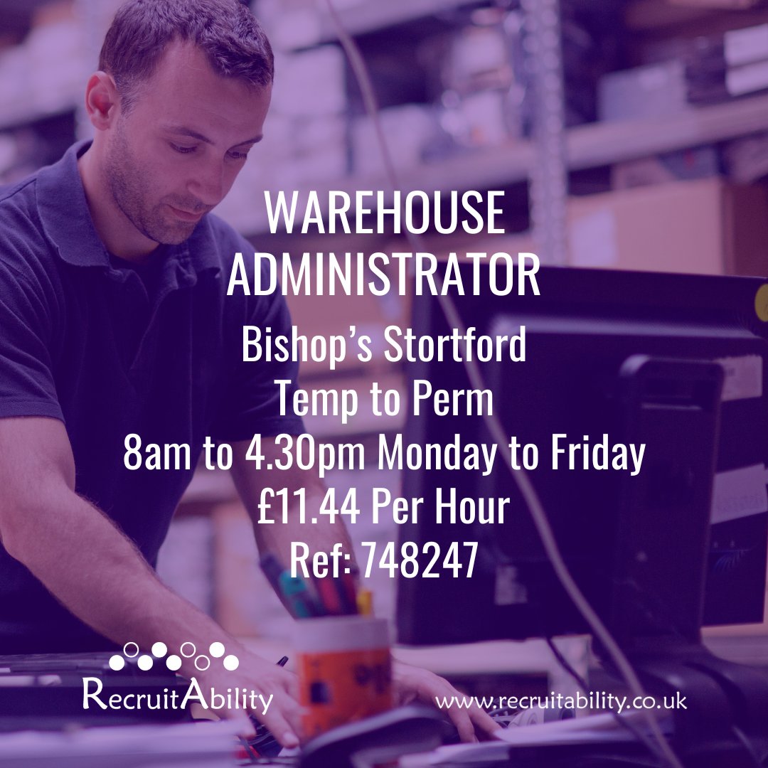 We have a great opportunity with a forward thinking company in the centre of Stortford. Using your strong work ethic you will be moving between departments:  despatch, customer service or admin. Full training provided.
recruitability.co.uk/job/warehouse-…