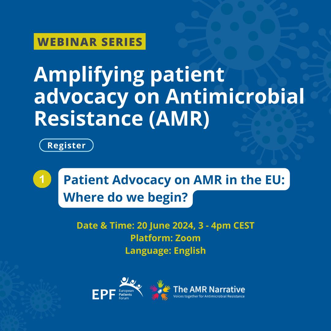 Taking place today at 3 pm CEST! 1st in a series of 3 webinars in partnership with <a href="/theAMRnarrative/">The AMR Narrative</a> &amp; <a href="/eupatientsforum/">European Patients' Forum</a>

Topic: "Patient Advocacy on AMR in the EU: Where do we begin?"  

Register: amrnarrative.org/event/webinar-…

#theAMRnarrative 
#AMR 
#AntimicrobialResistance 
#UNGA2024