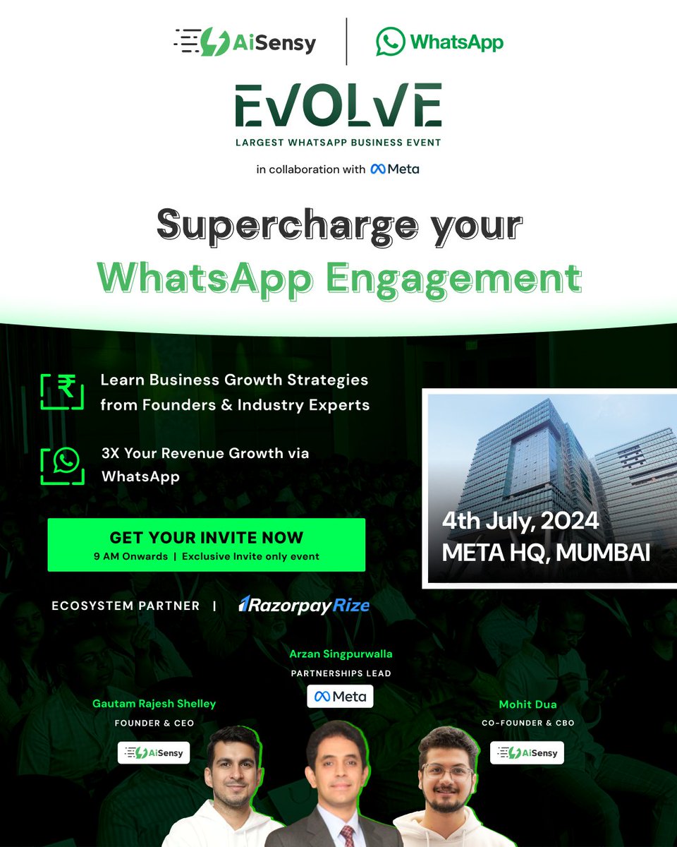 The largest WhatsApp Business Event - Evolve is coming to Mumbai at Meta HQ! 🚀

🗓️ 4th July, 9 AM 
📍 Meta HQ, One BKC, Mumbai

Register Now for deep dive into WhatsApp Engagement strategies, meet WhatsApp Leaders &amp; much more. 

e.aisensy.com/evolve-mumbai-…

#evolve