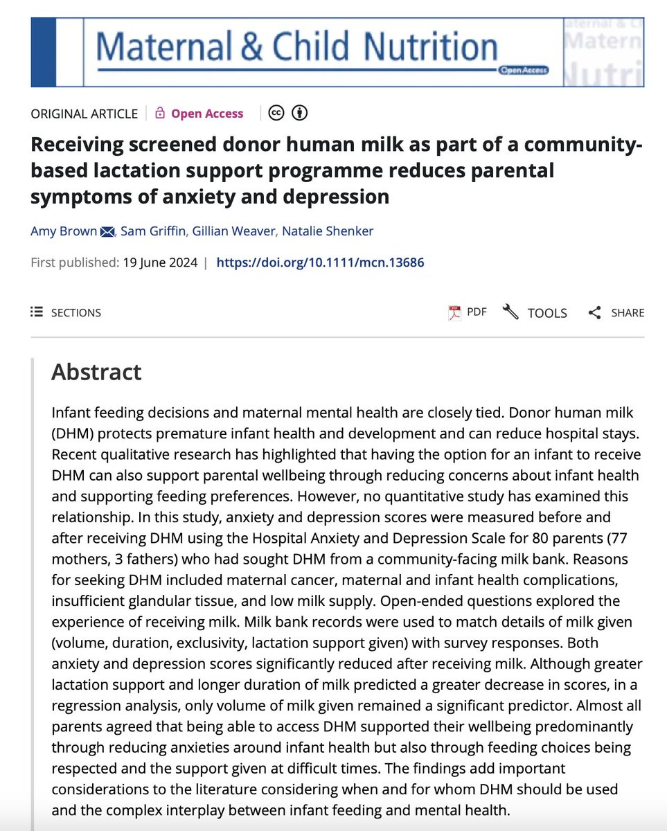Prof Amy Brown 🕷🤱🐘 (@prof_amybrown) on Twitter photo Our new paper is out showing a decrease in parents symptoms of anxiety and depression after receiving screened donor milk for their baby for reasons such as maternal cancer, insufficient glandular tissue,  infant health complications and low milk supply.
onlinelibrary.wiley.com/doi/full/10.11… Our new paper is out showing a decrease in parents symptoms of anxiety and depression after receiving screened donor milk for their baby for reasons such as maternal cancer, insufficient glandular tissue,  infant health complications and low milk supply.
onlinelibrary.wiley.com/doi/full/10.11…