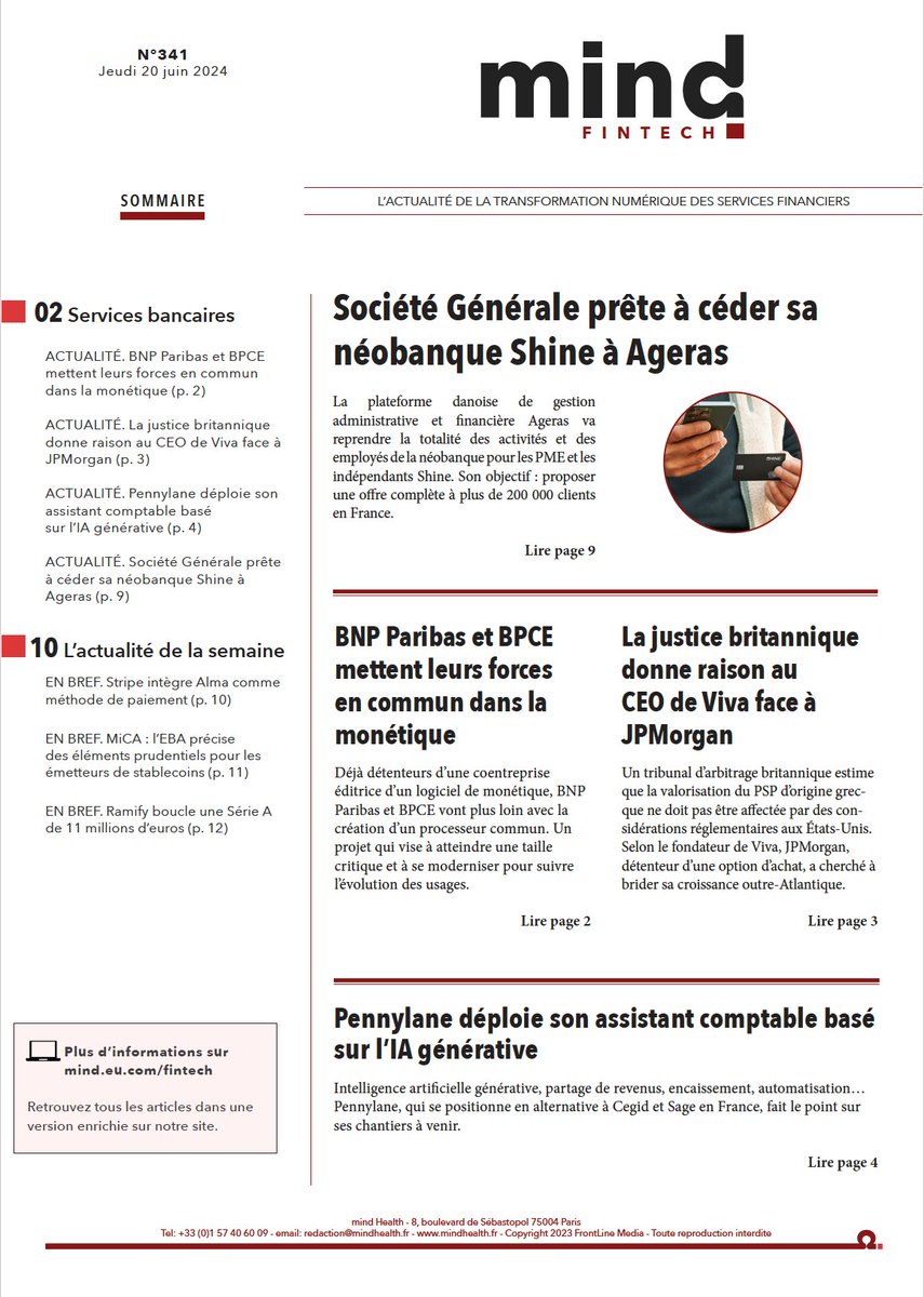 📯 [Hebdo n°341] Au sommaire
👉 lnkd.in/eXf-fAgM

☑️ <a href="/SocieteGenerale/">Societe Generale Group</a> prête à céder sa néobanque <a href="/shine_tools/">Shine</a> à Ageras
☑️ <a href="/BNPParibas/">BNP Paribas Group</a> et <a href="/GroupeBPCE/">Groupe BPCE</a> mettent leurs forces en commun dans la monétique
☑️ <a href="/Pennylane_tech/">Pennylane</a> déploie son assistant comptable basé sur l’IA générative