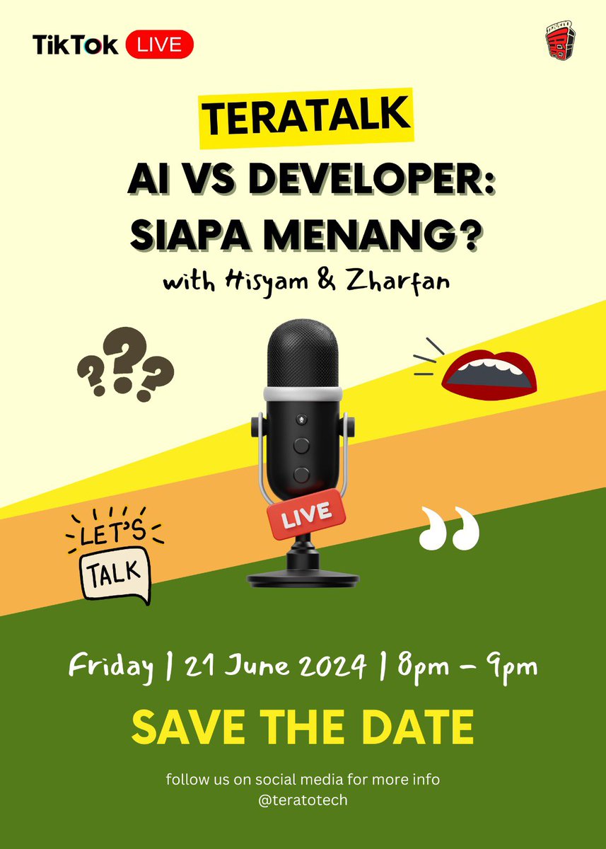 🚀✨ Join Our TikTok Live✨🚀

🔴 Live Topic: AI vs Developer: Siapa Menang?
tiktok.com/@teratotech
📅 Date: 21 June 2024 (Friday)
🕒 Time: 8pm - 9pm

Join us as we dive into a thrilling debate on the future of web development!

#TeraTalk #AIvsDeveloper #WebDevelopment #TechTalk