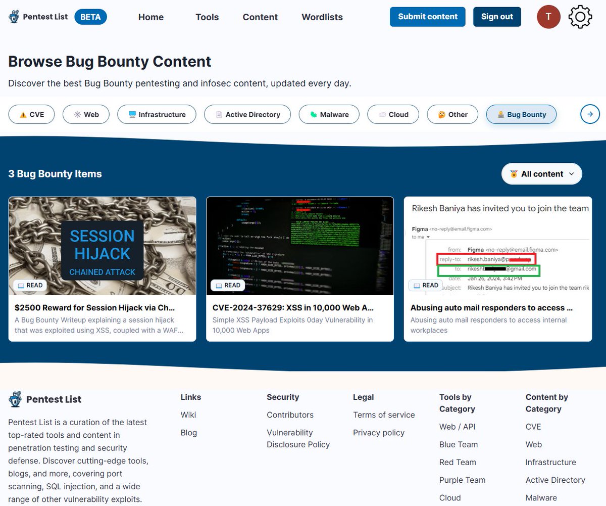 pentestlist's tweet image. 🚨 BUG BOUNTY HUNTERS 🚨 #bugbounty
Our newly added bug bounty content category needs submissions! Want be one of the first on here?
Submit a link to your most recent blog, video, podcast or any content you have, and we'll get it approved!