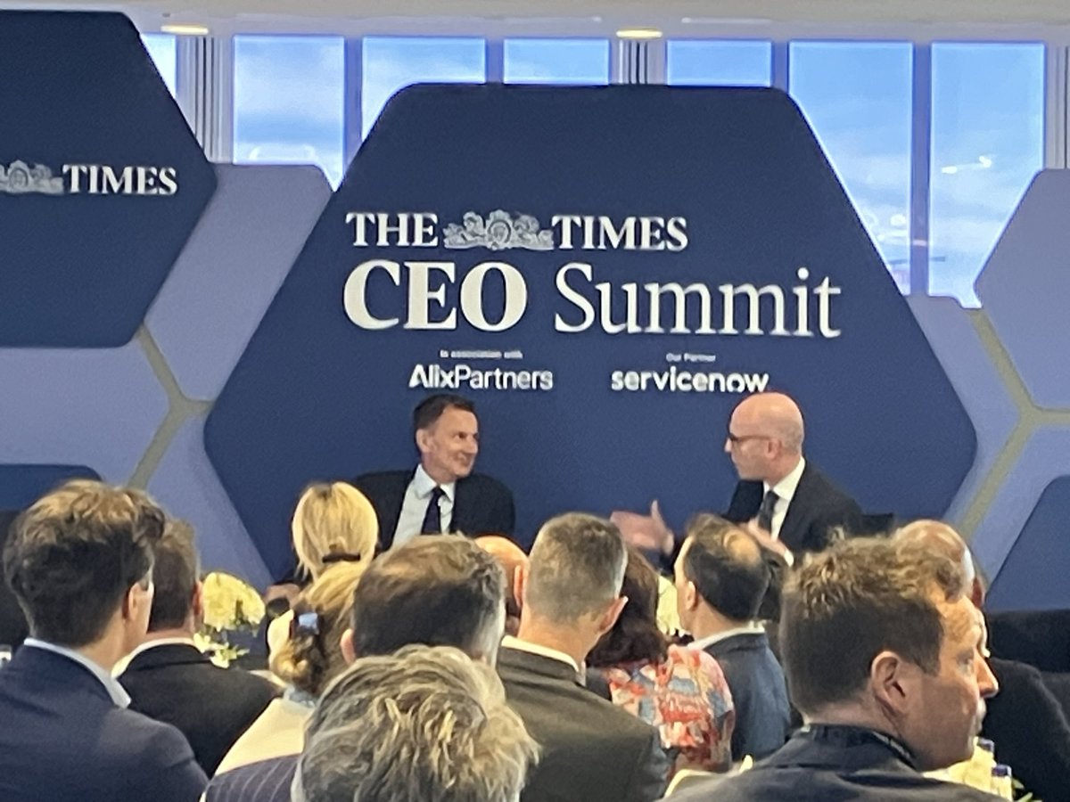Chancellor Jeremy Hunt says “it will be tough” on chances of Tories winning election but says he thinks they can do better than wipeout polls suggest.  

Shadow Chancellor Rachel Reeves will be up later this morning.
#TimesCEOSummit