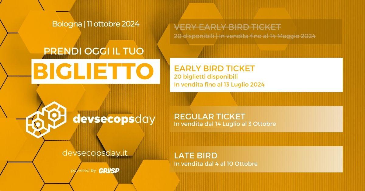 grusp's tweet image. Pianificare adesso la formazione del tuo team #DevOps conviene!🤑
Ci sono solo 20 biglietti early bird 🐤

#devsecopsday24 #DevSecOps  #Cybersecurity #Containers

------
devsecopsday è la conferenza dedicata alle pratiche di sicurezza in ambito DevOps.
📍Bologna | 📆11.10.2024