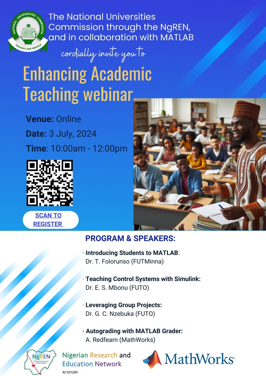 NigerianREN's tweet image. 🚀 Join our Enhancing Academic Teaching Webinar! 🎓
📅 3rd July 2024 🕙 10:00 am – 12:00 pm
Learn to leverage MATLAB, Simulink &amp;amp; more to empower your students. Featured speakers from FUTO, FUTMINNA &amp;amp; MathWorks.

Register now: tinyurl.com/Academic-Teach…

#AcademicTeaching #Webinar