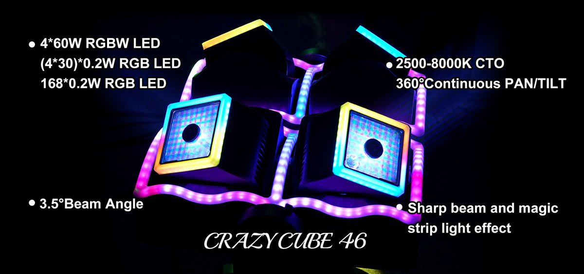 stages_Jack's tweet image. CRAZYCUBE 46

4*60W RGBW LED
(4*30)*0.2W RGB LED
168*0.2W RGB LED
3.5°Beam Angle
2500-8000K CTO
360°Continuous PAN/TILT
Sharp beam and magic strip light effect 

#Colorimagination #Beamlight #stagelights #movinghead #Movingheadbeam #lightshow #prolight #Beamlights