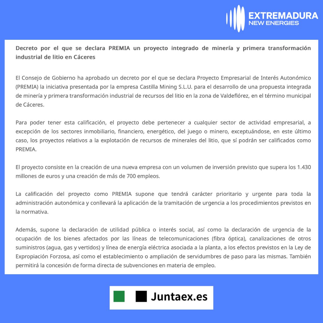EXNewEnergies's tweet image. 🔵 El proyecto de ENE "tendrá carácter prioritario y urgente" en los trámites que se lleven a cabo en la Administración regional y se aplicará la tramitación de urgencia en numerosos procedimientos

Así lo explica el acuerdo del Consejo de Gobierno de la Junta de Extremadura 👇