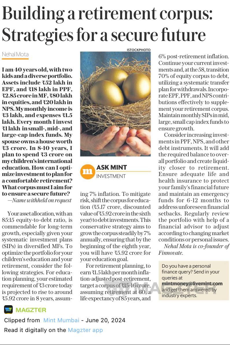 Check out how <a href="/FinnovateLive/">FINNOVATE - Be Financially Fit!</a> solved a query on Retirement Planning and got featured on <a href="/livemint/">Mint</a>!

Titled "Building a retirement corpus: Strategies for a secure future", featured in the National Edition of <a href="/LiveMint/">Mint</a> (Page 11) 20 June 2024. 

 #RetirementPlanning #finnovate