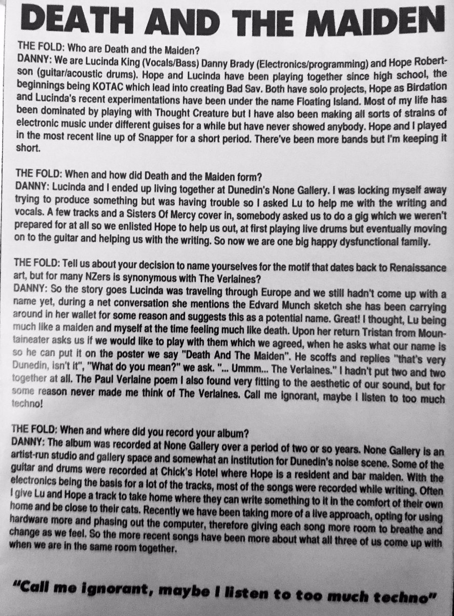 Had forgotten this DATM origin story Danny interview from 2015 explaining the name: “Great! I thought, Lu being much like a maiden and myself at the time feeling much like death… call me ignorant, maybe I listen to too much techno!”
