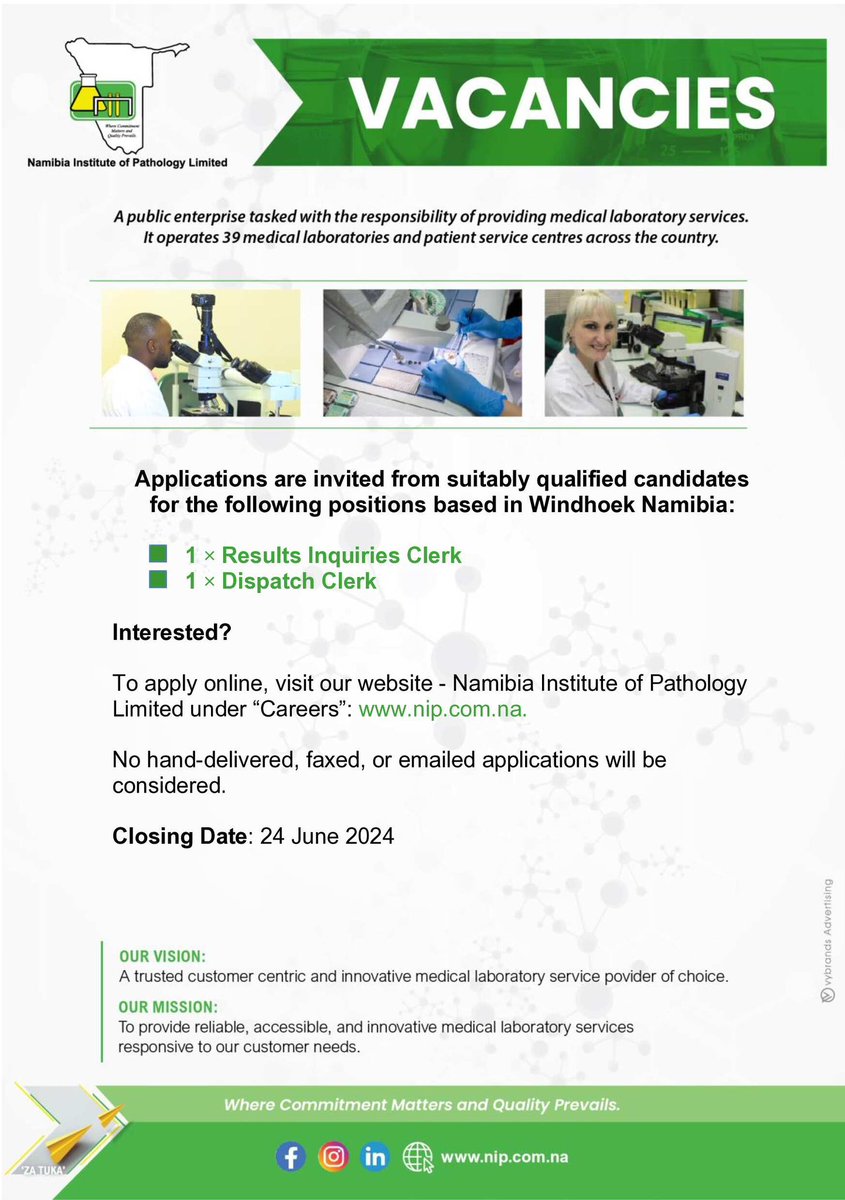 We are hiring.

Click on the link below for more information. 

nip.mcidirecthire.com/default/Extern…

#NIPVacancies
#NIPWhereCommitmentMattersAndQualityPrevails