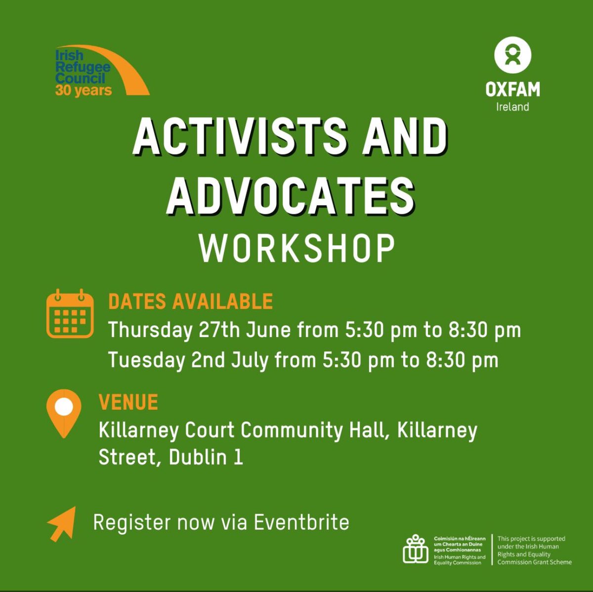 Irish Refugee Council (@irishrefugeeco) on Twitter photo ๐ข Are you from a refugee/migrant background & in activism/advocacy?
Join our evening workshop with <a href="/OxfamIreland/">Oxfam Ireland</a> & hone your influencing skills!
Either Thursday 27 June:Register๐ bit.ly/4cfoRsf
Or Tuesday 2 July:Register๐ bit.ly/4aYMXq6
Funded by <a href="/_IHREC/">Irish Human Rights & Equality Commission</a> ๐ข Are you from a refugee/migrant background & in activism/advocacy?
Join our evening workshop with <a href="/OxfamIreland/">Oxfam Ireland</a> & hone your influencing skills!
Either Thursday 27 June:Register๐ bit.ly/4cfoRsf
Or Tuesday 2 July:Register๐ bit.ly/4aYMXq6
Funded by <a href="/_IHREC/">Irish Human Rights & Equality Commission</a>