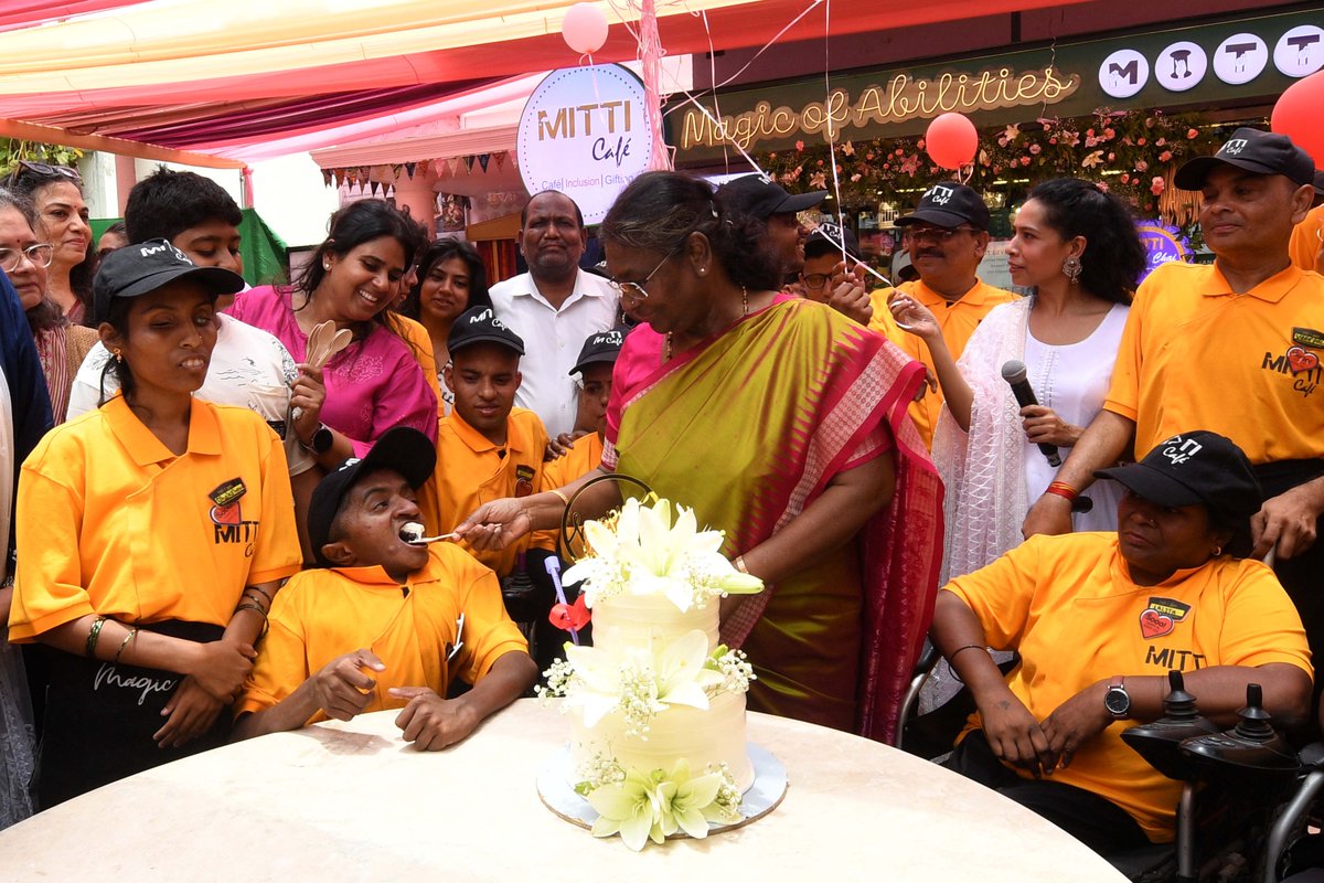 rashtrapatibhvn's tweet photo. Taking another step towards creating an inclusive environment, President Droupadi Murmu inaugurated MITTI cafe in the President's Estate today.

The President spent time in the cafe and celebrated her birthday with the staff who were excited to meet and wish the President.

MITTI cafe is a movement towards an inclusive society where everyone has the opportunity to thrive and contribute. The non-profit organisation is creating sustainable livelihood opportunities for persons with disabilities and creating awareness about disability through cafes, community meals and skill development initiatives.