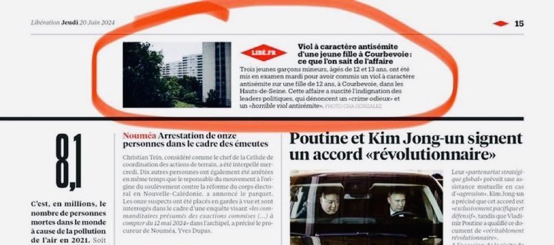jeromegodefroy's tweet photo. Voici la place accordée par @libe au viol d’une enfant de 12 ans à Courbevoie, violée parce qu’elle est juive. 
Faut pas énerver la clientèle, hein ? https://t.co/jhvAP1XmGN