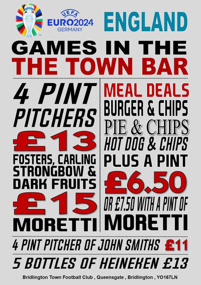 Come and join this evening in <a href="/The_Town_Bar/">Bridlington Town Bars</a> 

- We are open from 4pm

Everyone welcome. 🏴󠁧󠁢󠁥󠁮󠁧󠁿🏴󠁧󠁢󠁥󠁮󠁧󠁿🏴󠁧󠁢󠁥󠁮󠁧󠁿🏴󠁧󠁢󠁥󠁮󠁧󠁿🏴󠁧󠁢󠁥󠁮󠁧󠁿🏴󠁧󠁢󠁥󠁮󠁧󠁿🏴󠁧󠁢󠁥󠁮󠁧󠁿🏴󠁧󠁢󠁥󠁮󠁧󠁿🏴󠁧󠁢󠁥󠁮󠁧󠁿🏴󠁧󠁢󠁥󠁮󠁧󠁿🏴󠁧󠁢󠁥󠁮󠁧󠁿
 #ItsComingHome #Euro2024