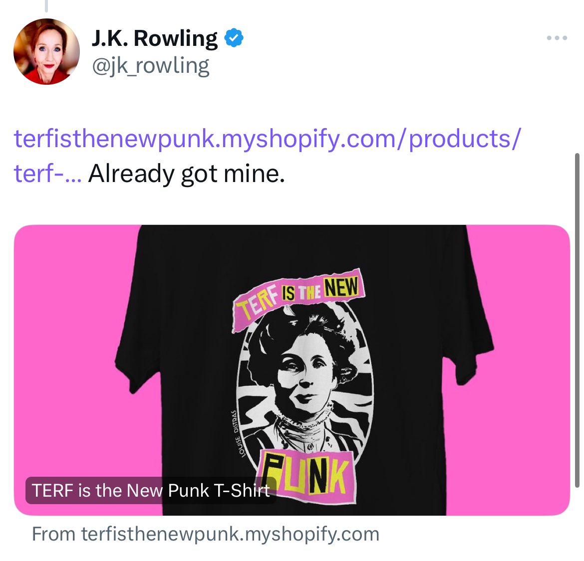 Nothing screams punk like a billionaire who uses her influence &amp; wealth to attack a minority group and threatens litigation against any criticism. 
JK Rowling &amp; TERFs are not punk. Punk is anti-establishment, individual liberty, non-conformity. TERFs are the establishment.