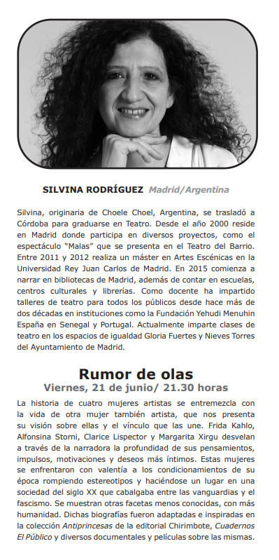 casaconchas's tweet photo. Empieza el verano y a nuestro Festival #ContandoCuentos, #SilvinaRodríguez nos trae un "Rumor de olas".
La historia de 4 mujeres artistas: Frida Kahlo,Alfonsina Storni,Clarice Lispector y Margarita Xirguse entremezclada con la vida de otra mujer también artista.
21.30 h.
¿Venís? https://t.co/L5a3IsN8th