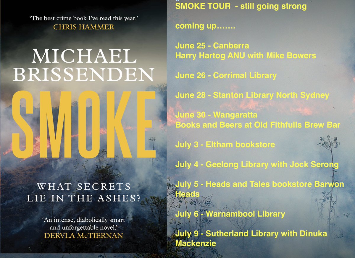 smoke tour continued...
June 25 - ANU
June 26 - Corrimal library
June 28 - Stanton Library
June 30 - Wangaratta
July 3 - Eltham bookstore
July 4 - Geelong library
July 5 - Barwon heads
July 6 - Warnambool library
July 9 - Sutherland library
<a href="/AffirmPress/">Affirm Press</a>