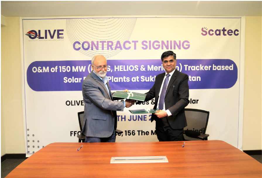 FFCL1978's tweet photo. FFC Olive Technical Services proudly collaborates with SCATEC Solar Pvt. Ltd for the O&amp;M of 150MW (HNDS, HELIOS &amp; Meridian) Tracker-based Solar Power Plants, as a significant step forward in sustainable energy development, showcasing FFC's commitment towards a greener future. https://t.co/bDMFssMIoN