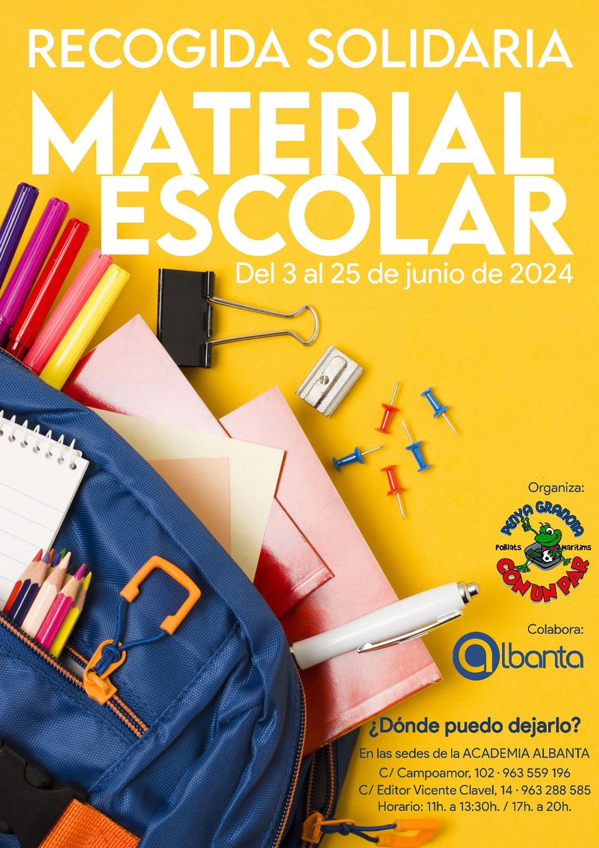 Un año más, los amigos levantinistas de la <a href="/PENYACONUNPAR/">Penya CON UN PAR</a>, arrancan una nueva campaña solidaria de recogida de material escolar junto a la <a href="/AcademiaAlbanta/">Academia Albanta VLC</a>. Bolis, lápices, estuches, rotuladores, libretas, pinturas, mochilas o todo lo que penséis que pueda ayudar. 🔵🔴