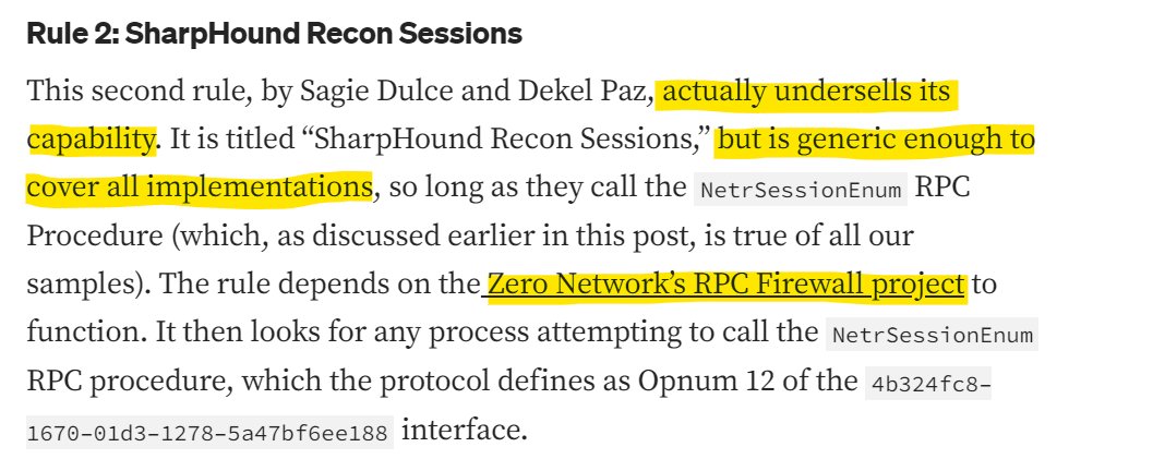 ZeroNLabs's tweet image. #DetectionEngineering using @sigma_hq exemplified by @jaredcatkinson from @SpecterOps.

#RPCFirewall is effective (against #SharpHound &amp;amp; other attacks) because it focuses on &quot;choke-points&quot;, regardless of modality. 

@SagieDulce @dekel_paz