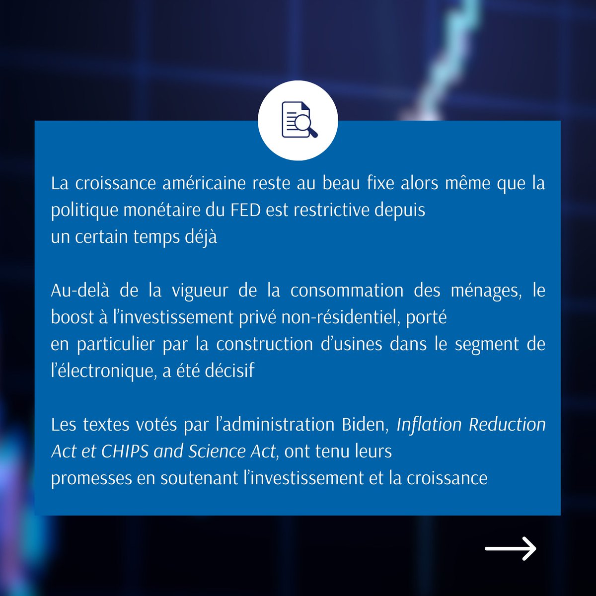 HugauGestion's tweet photo. 💬 Aux États-Unis, la #Croissance économique est soutenue par la consommation des ménages et l'#Investissement privé dans la construction d'usines, notamment dans l'électronique. L’#InflationReductionAct et le #CHIPSandScienceAct de l’administration #Biden ont été décisifs. https://t.co/FUSS9HMPlO