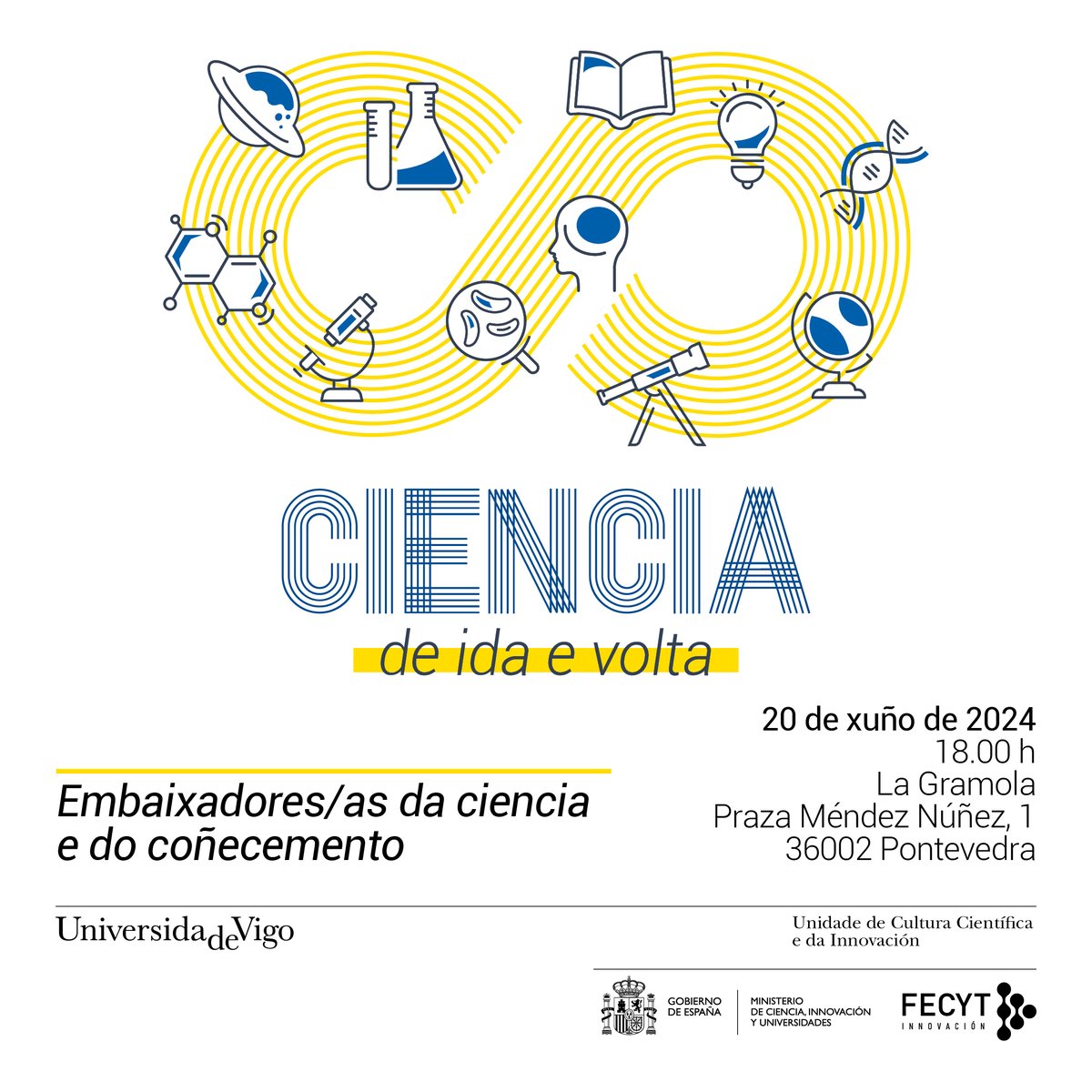 UCC_UVigo's tweet photo. 👉 Hoxe pechamos o ciclo de #Embaixadores/as da ciencia e do coñecemento da @uvigo en #Pontevedra coa charla "A saúde e a sanidade en primeira persoa".
🗣️ Relatoras: Carmen Novas e Carmen Pérez
⏰ 18 h
📍A Gramola
#CienciadeIdaeVolta #Divulgacion #HR4SR https://t.co/KVR6oOJqVs