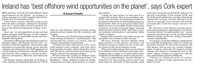 WindEnergyIRL's tweet photo. "We have literally the best offshore wind opportunities on the planet" Cobh native Cormac Gebruers of @dpenergygroup talks to @echolivecork about why we've been late to offshore wind and the opportunities that lie ahead. https://t.co/VryBjSyYrW