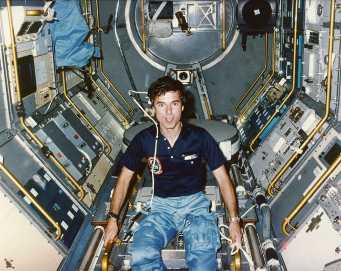 ESA astronaut Ulf Merbold in the Spacelab module during the Spacelab-1 mission on STS-9 , November - December 1983.