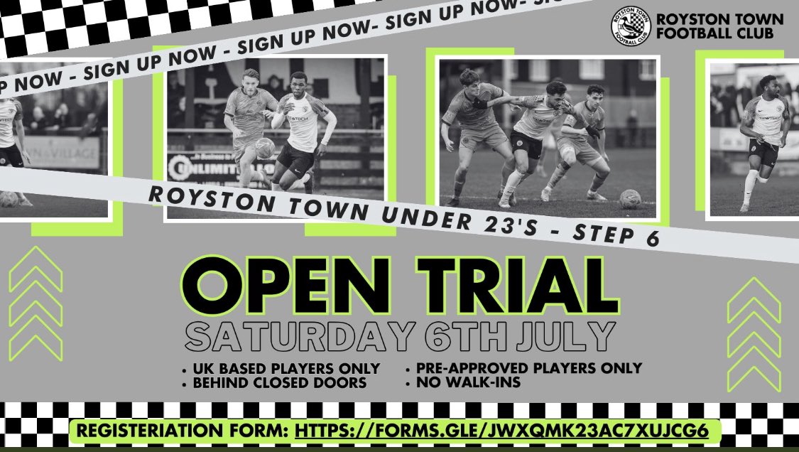 OPEN TRIAL 

We will be holding a trial match for our U23 team on Saturday 6th July

Want to take part? Complete the form below to register your interest and the chance to be selected

REGISTRATION FORM: 
forms.gle/JWxQMk23aC7Xuj…

RTs and shares appreciated