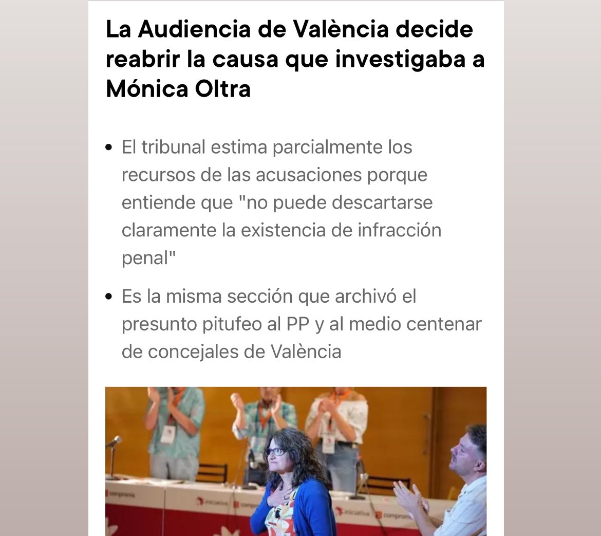 “La Audiencia de València decide reabrir la causa que investigaba a Mónica Oltra. Es la misma sección que archivó el presunto pitufeo al PP” levante-emv.com/comunitat-vale…