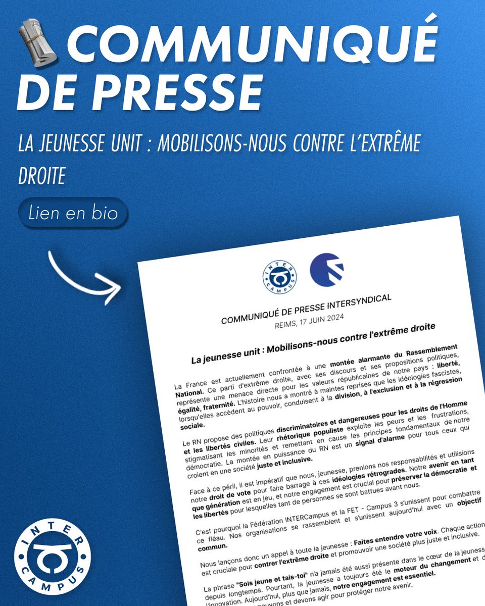 FedeINTERCampus's tweet image. Communiqué de presse – La jeunesse unit : mobilisions-nous contre l'extrême droite !

À lire ici : linktr.ee/fede_intercamp…