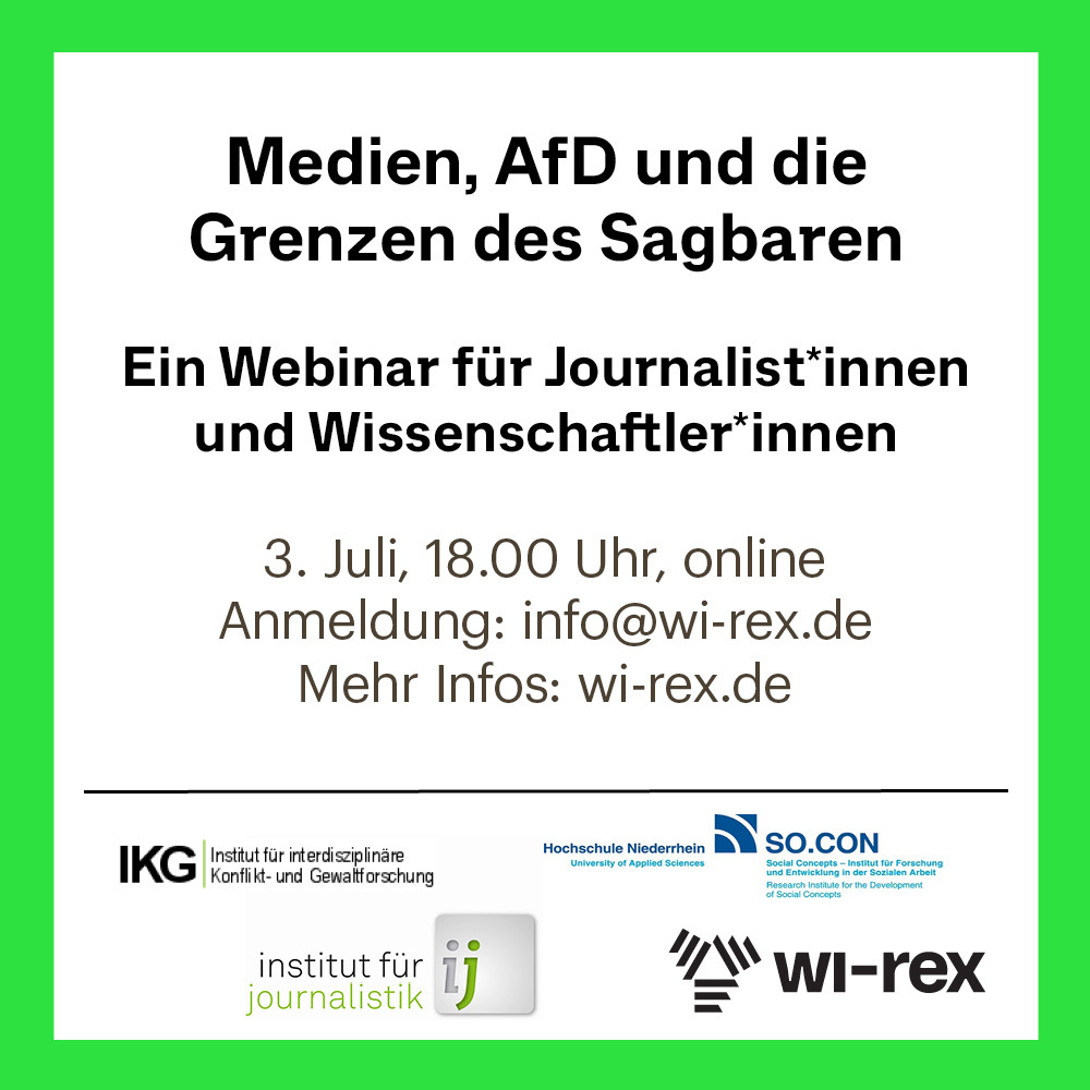 Gemeinsam mit dem Wissensnetzwerk Rechtsextremismusforschung <a href="/Wi__REX/">Wissensnetzwerk Rechtsextremismusforschung</a> veranstalten wir am 3. Juli von 18 bis 19:30 Uhr ein Webinar für Journalist:innen und Wissenschaftler:innen zum Umgang mit Normalisierungsstrategien der extremen Rechten. Mehr Infos: wi-rex.de/veranstaltunge…