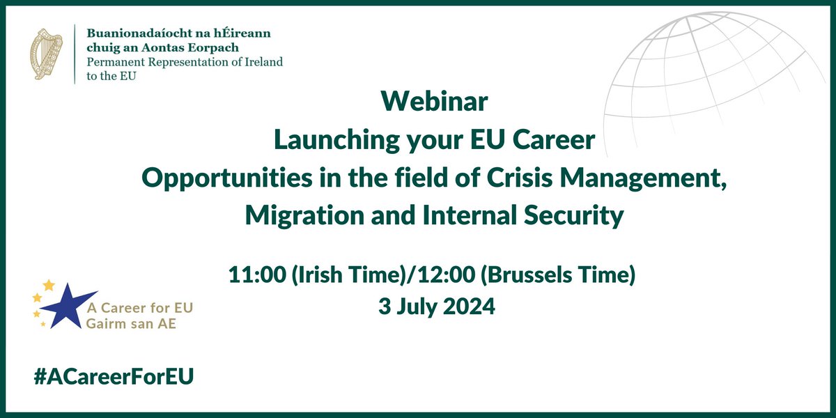 ‼️ WEBINAR ‼️  - Experts in Crisis Management, Migration and internal security

Join our #webinar 💻 on 3 July to hear more about <a href="/EU_Careers/">EPSO</a>  selection process for experts in Crisis Management, Migration and internal security!

📝 Register here: eventbrite.ie/e/launching-yo…