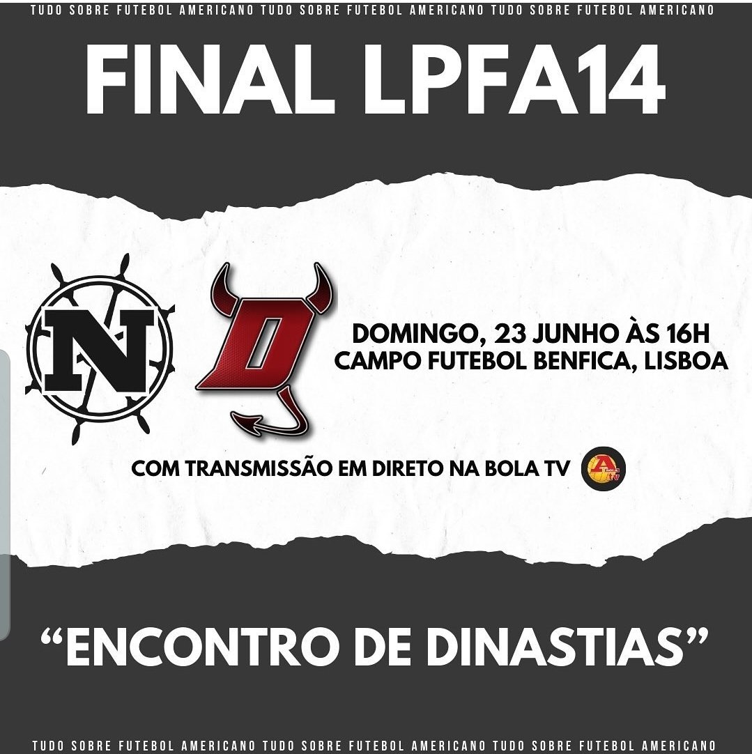 Lisboa Devils x Lisboa Navigators
Este Domingo às 16h, a final da Liga Portuguesa de Futebol Americano, será disputada no campo do Futebol Benfica. 
Transmissão n'A Bola TV, para quem quiser assistir em casa.