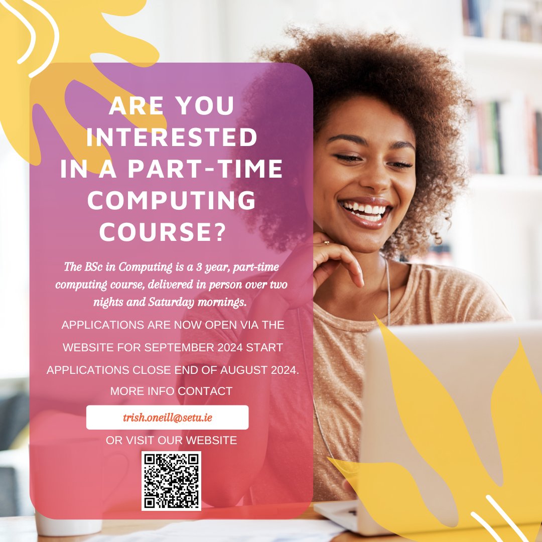ComputingAtSETU's tweet image. Interested in a part-time computing course? Apply now for the BSc in Computing, a 3-year program held two nights a week and Saturday mornings, covering programming, software engineering, computer networks, databases, website design, and more.
Apply Now!:setu.ie/courses/bsc-in…