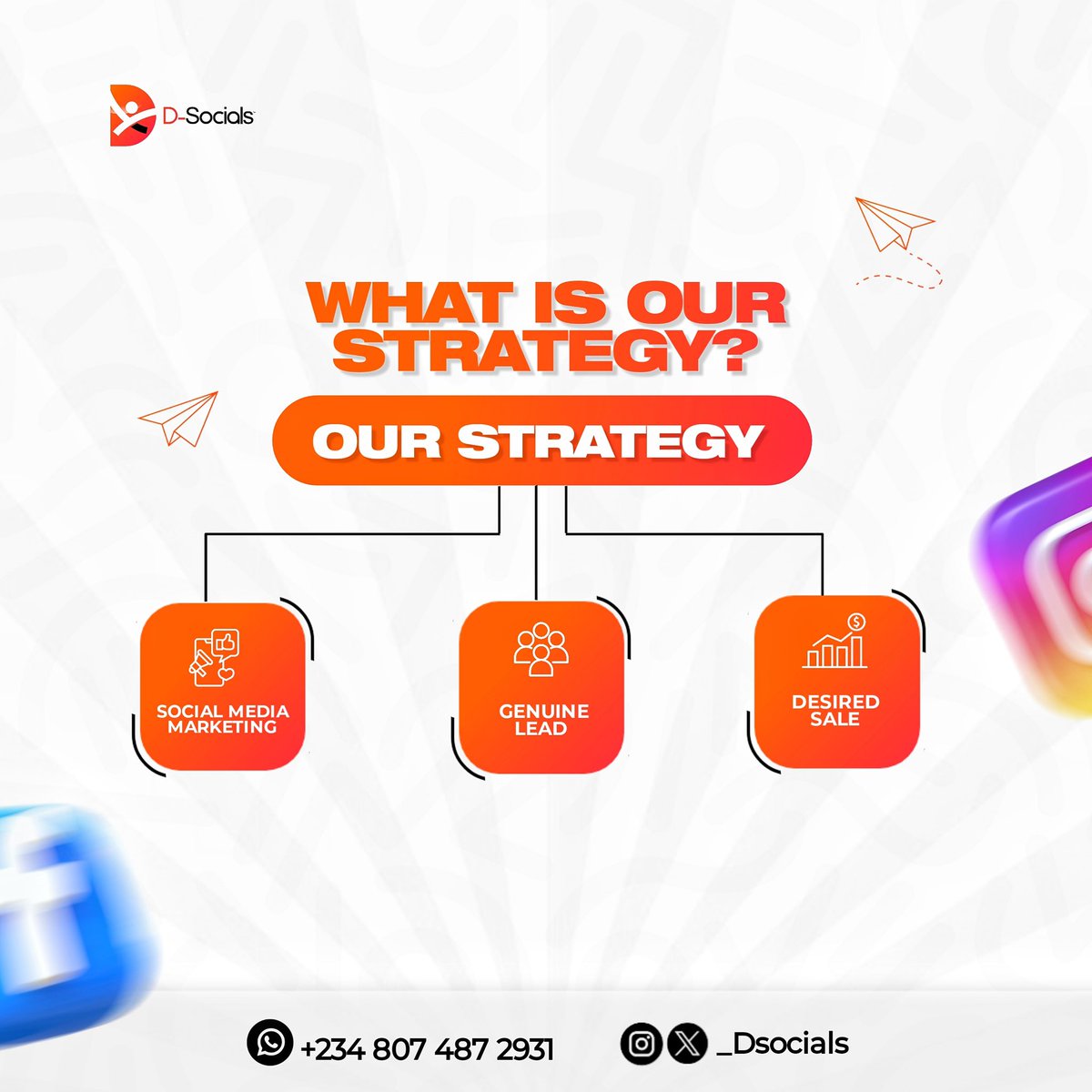 _Dsocials's tweet photo. Our strategy includes; social media marketing, generating genuine leads and producing desired sales. This is our 3 step strategy to giving our clients maximum sales and satisfaction.

Send us a DM now and let us revamp your digital presence into a sales generating platform. https://t.co/NsBPzKP5NI