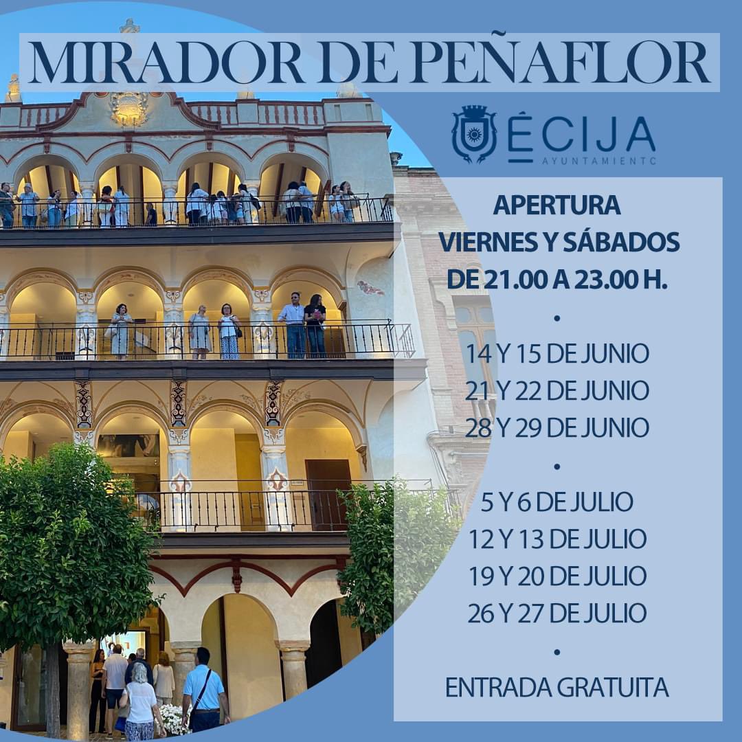 🌇 ¿Te gustaría disfrutar del atardecer de #Écija desde el Mirador de Peñaflor?

👉Durante los meses de junio y julio tienes la oportunidad de visitarlo de 21.00 a 23.00. 

🎟️ Entrada gratuita.

 #TurismoÉcija #España #Andalucía #turismo